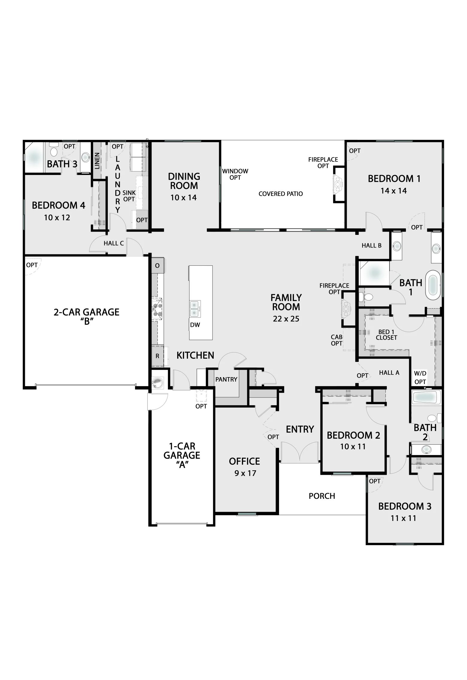 The Heirloom base floor plan — single-story 2,662 square foot home with 4 bedrooms, 3 bathrooms, 3-car garage, and open-concept great room with covered patio