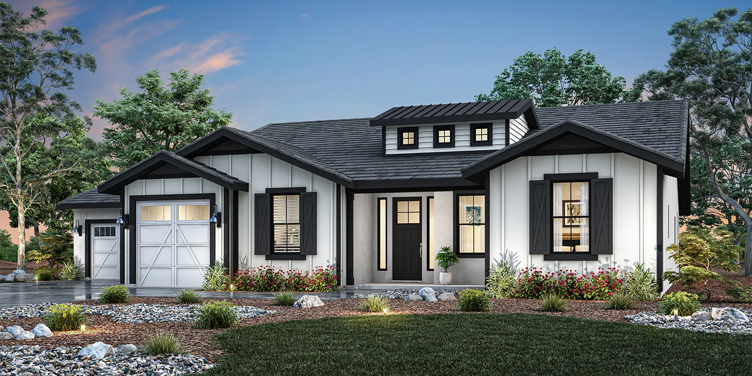 Front exterior of a farmhouse-style Heirloom plan new home at Vista Montaire