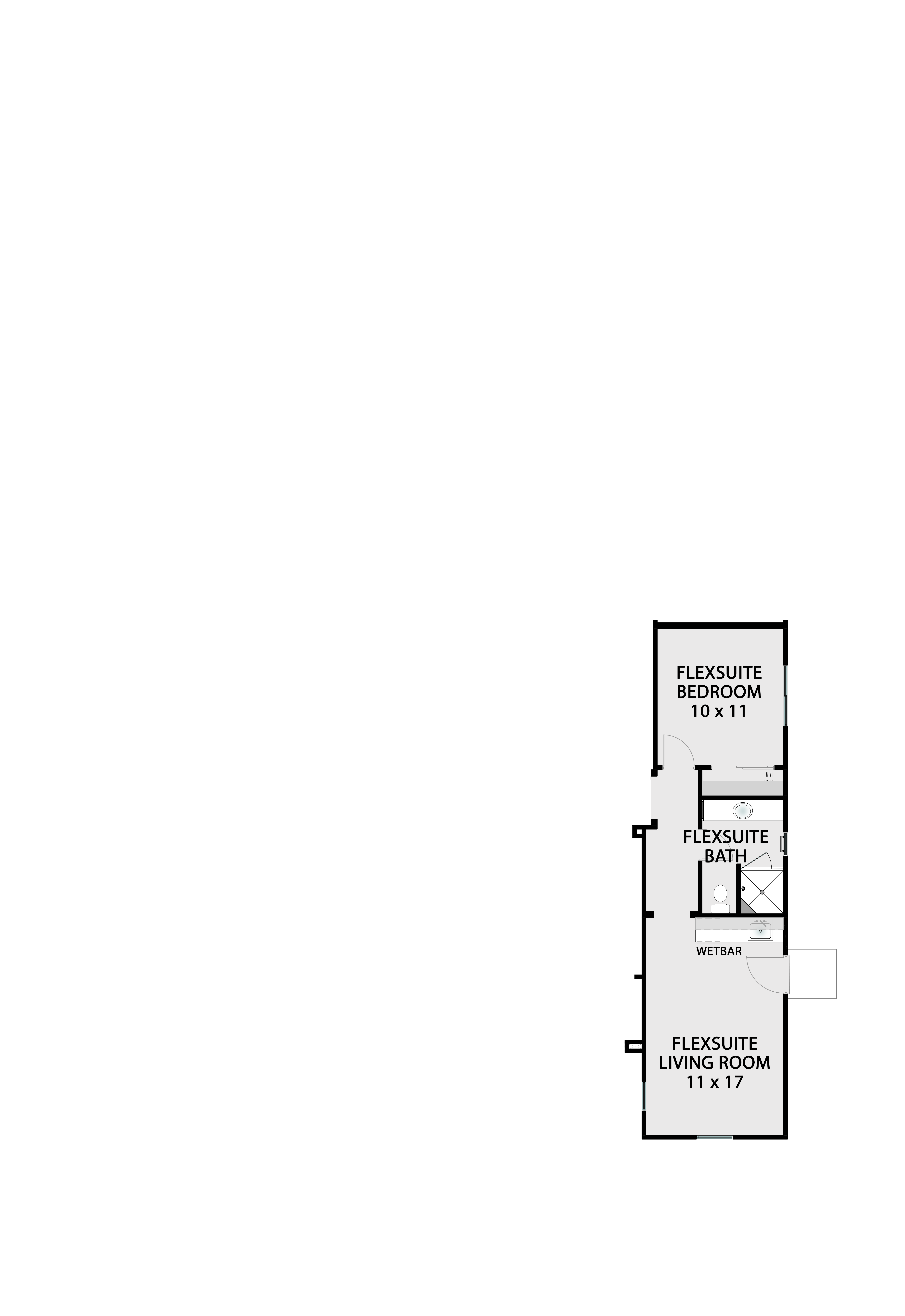 FlexSuite structural option — bedrooms 3 and 4 converted into a private suite with bedroom, bath, and living area; ideal for guests, extended family, or rental income