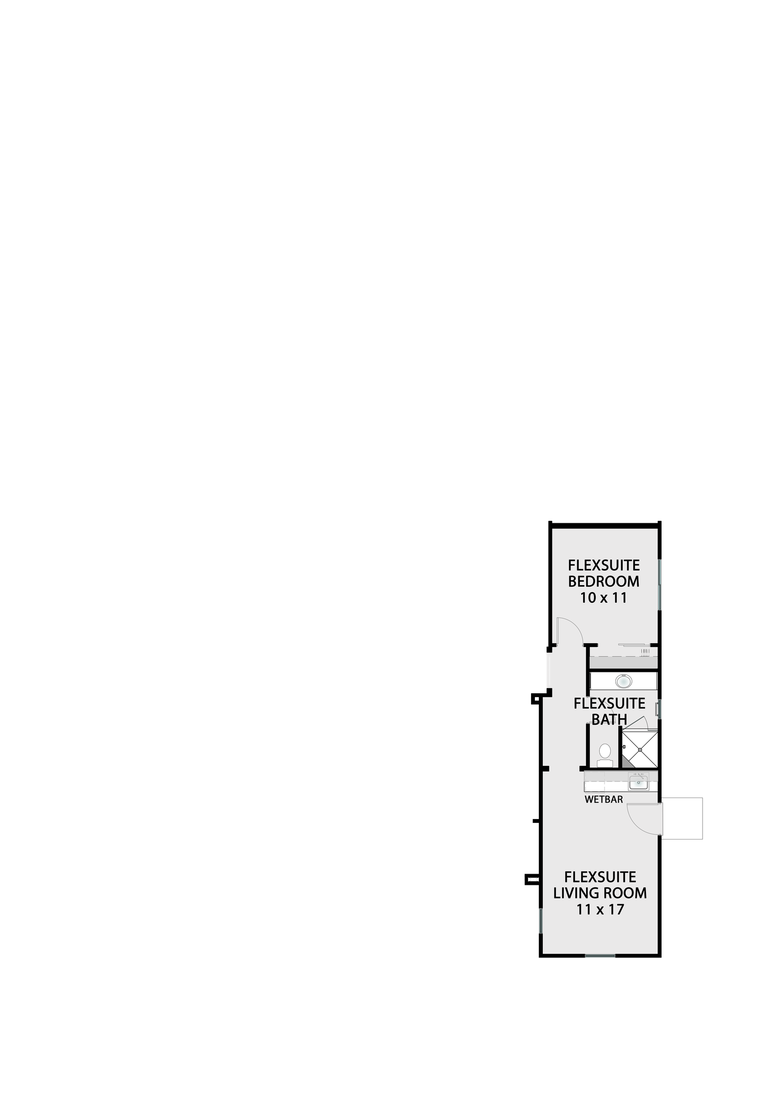 FlexSuite structural option — bedrooms 3 and 4 converted into a private suite with bedroom, bath, and living area; ideal for guests, extended family, or rental income