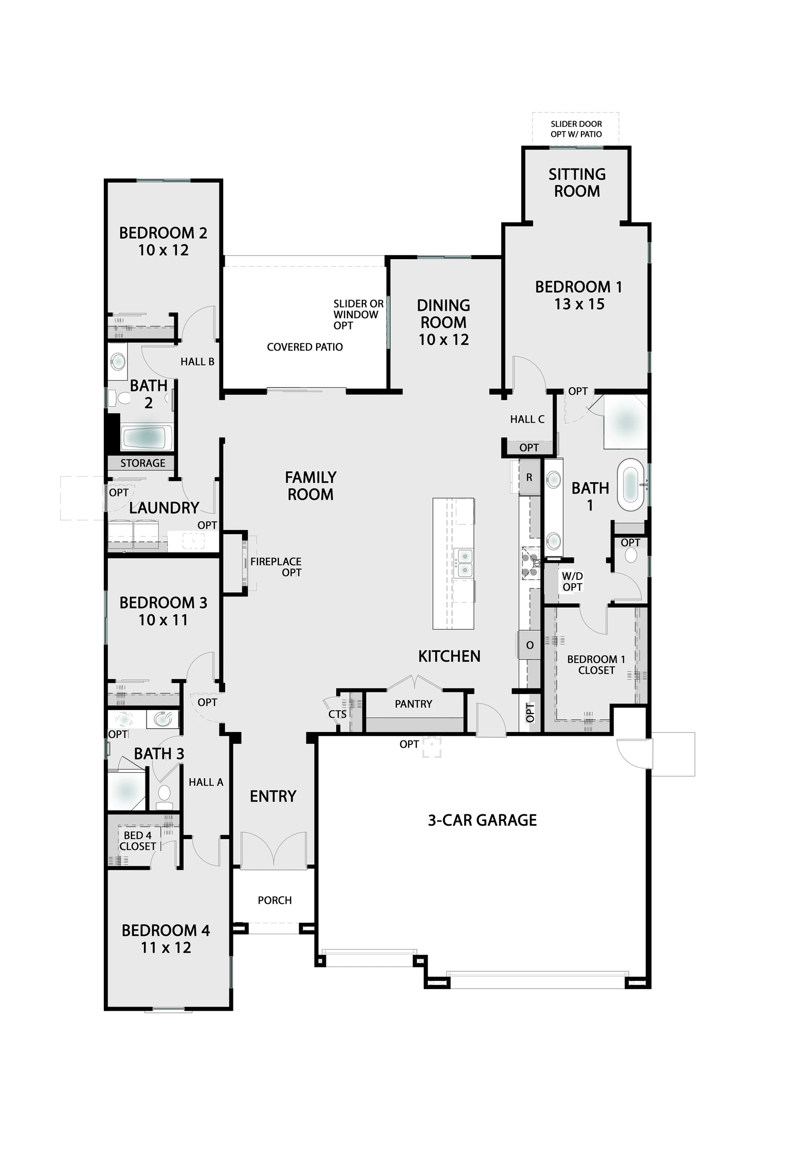 The Shasta floor plan as built on Lot 5 — 2,614 sq ft with selected options (base plan 2,578 sq ft), 4 bedrooms, 3 baths, 3-car garage on the right