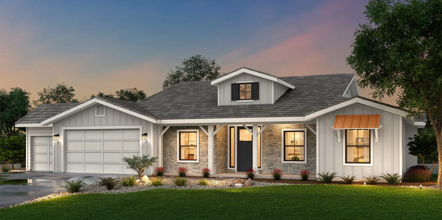 The Sonoma farmhouse elevation — craftsman-inspired exterior with wood accents, covered entry, and horizontal lap siding