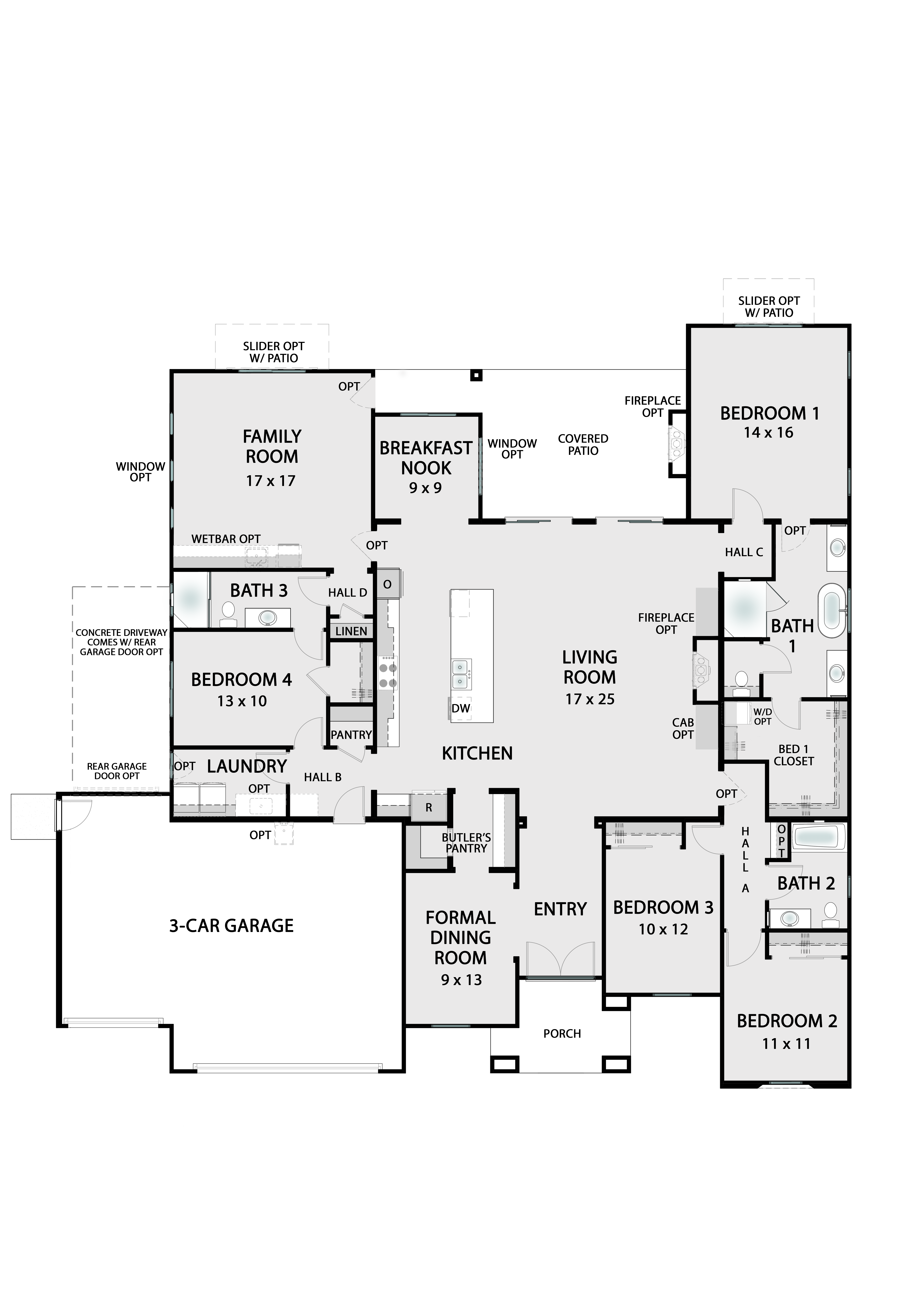 The Sonoma base floor plan — single-story 2,892 square foot home with 4 bedrooms, 3 bathrooms, 3-car garage, and open-concept great room with covered patio