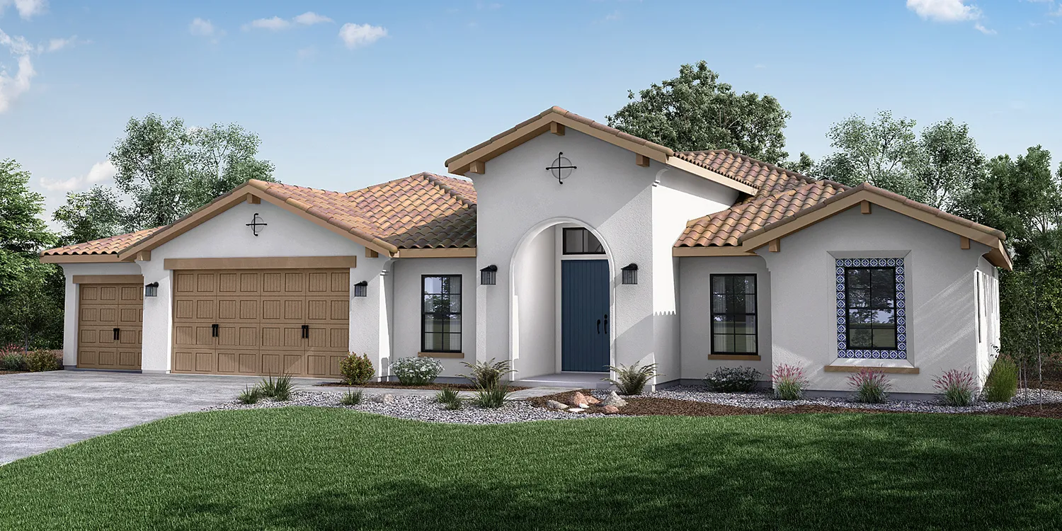 Spanish-style single-story new home exterior at Vista Montaire