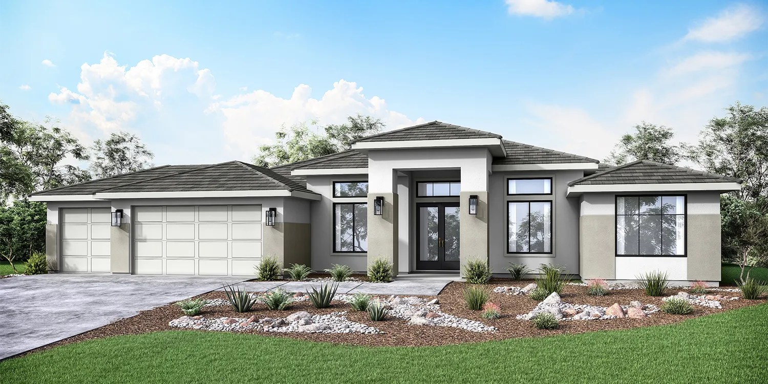 Front exterior of a contemporary Tacoma plan new home at Vista Montaire with concrete tile roofing