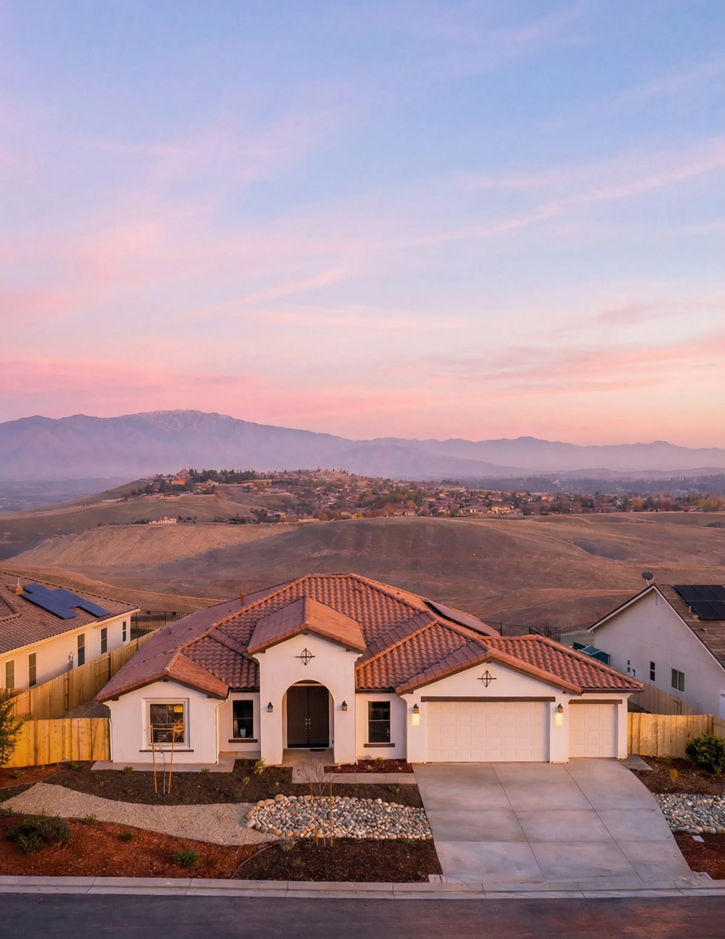Single-story Spanish-style home at Vista Montaire at sunset, with the northeast Bakersfield foothills behind it